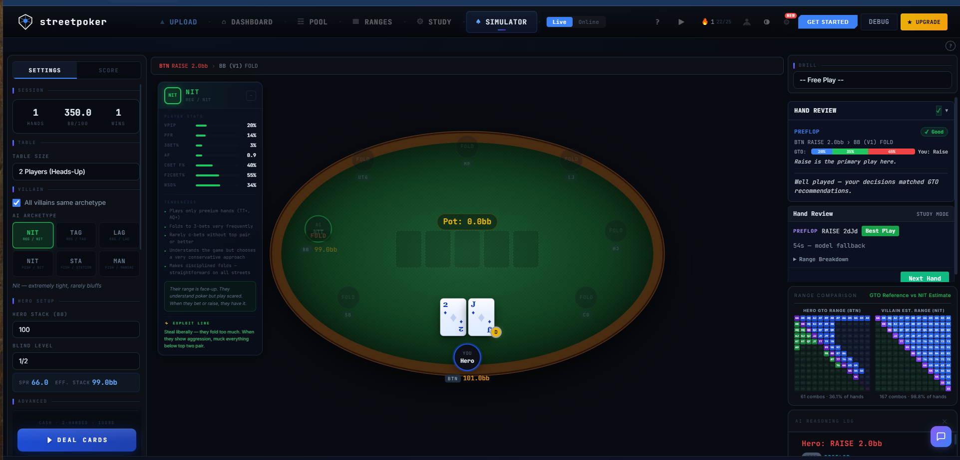 Simulator — AI opponents with live equity